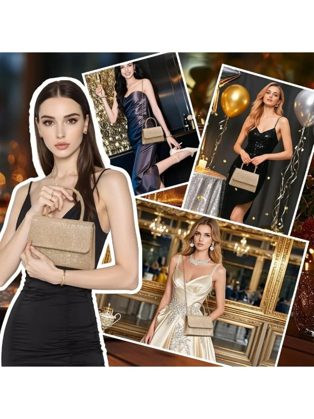 Glitter Evening Clutch Purse with Chain - Perfect for Party, Prom, Wedding